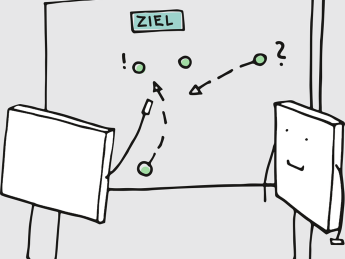 Eine Figur zeigt einer anderen Figur an einer Tafel einen Weg zum Ziel.