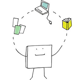Eine Figur, die mit Blättern, einem Laptop und einem Buch jongliert.