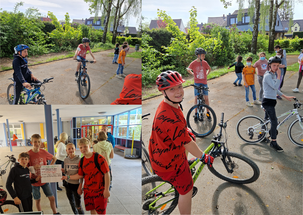 Eine Collage von Bildern von Schüler:innen, die an der Fahrradstafette teilgenommen haben. Eine Collage von Bildern von Schüler:innen, die an der Fahrradstafette teilgenommen haben.