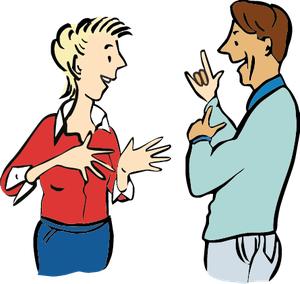 Eine Frau und ein Mann sprechen in Gebärdensprache miteinander.