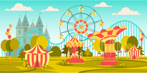 Die schematische Darstellung eine Freizeitparks mit Achterbahn, Riesenrad und anderen Attraktionen. Die schematische Darstellung eine Freizeitparks mit Achterbahn, Riesenrad und anderen Attraktionen.