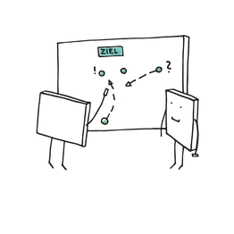 Eine Figur, die einer anderen Figur den Weg zeigt.