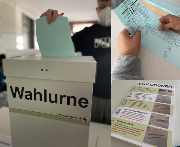 Eine Sammlung von Bildern, die die Wahlurne, den Stimmzettel und Informationen zum Wahlordner enthalten.