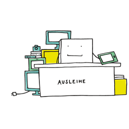 Eine Figur, die hinter einem Tisch steht und digitale Medien verleiht.