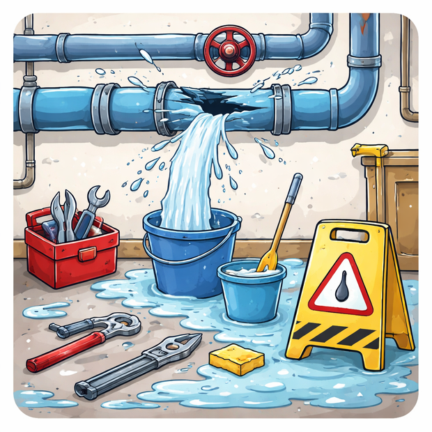 Ein Comicbild, dass ein kaputtes Rohr zeigt, aus dem Wasser strömt.