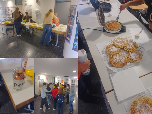 Eine Collage mit verschiedenen Eindrücken zum Tag. Man sieht Schülerinnen und Schüler, Waffeln und das Spendengeld.