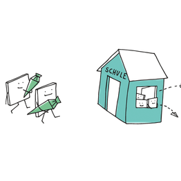 Zwei Figuren, die eine Schultüte tragen und zur Schule gehen.